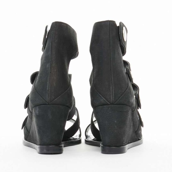 Opening Ceremony Olivia  Black Wedge Leather Suede Strappy Snap Button Sandals 9 - Picture 5 of 16